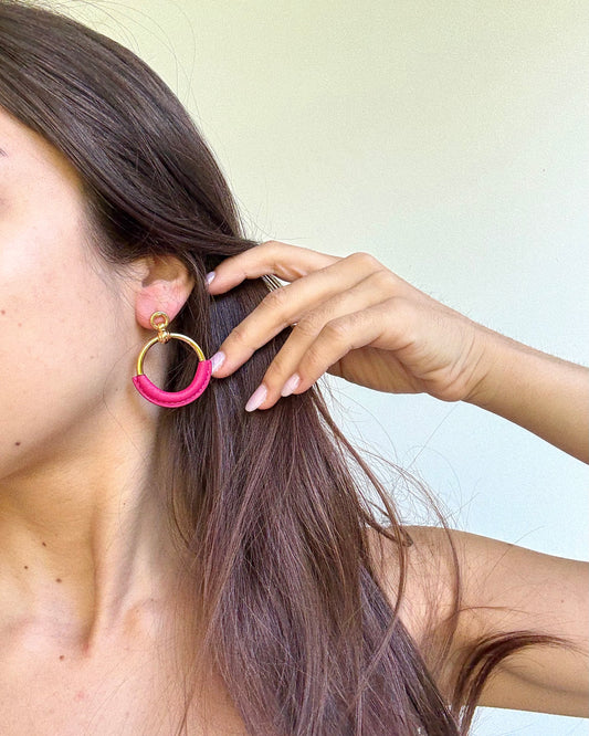 Boucles d’oreilles Hermes - Cuir fuchsia et métal doré
