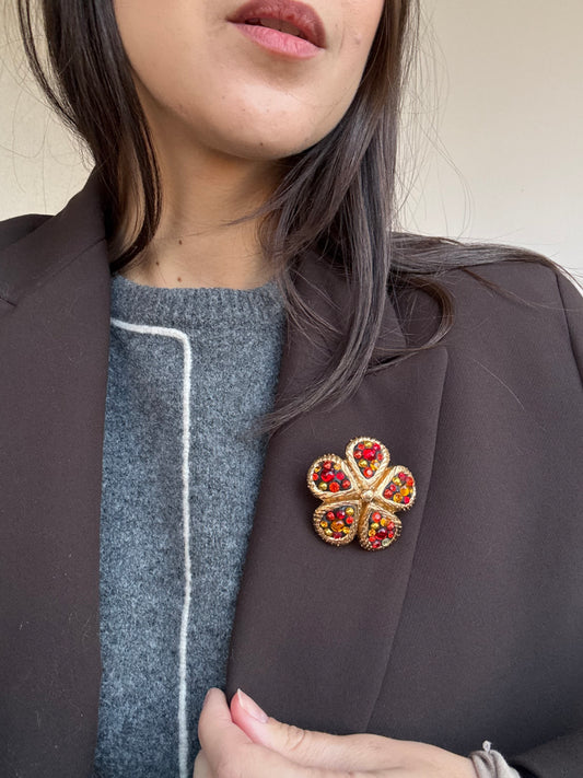 Broche Jacky de G vintage - Trèfle strass multicolore