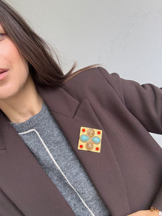Broche Elena Cantacuzene vintage - Métal doré et cabochons colorés