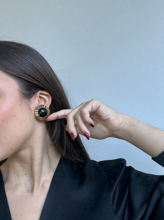 Boucles d’oreilles Poggi vintage - Rondes dorées et cabochons noirs