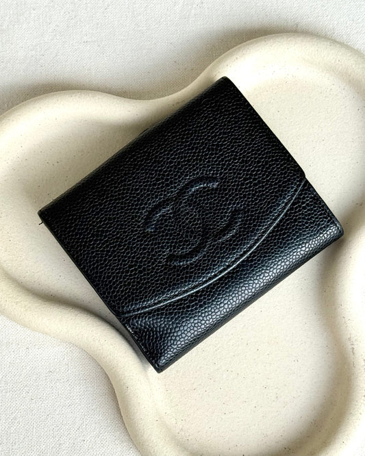 Portefeuille compact Chanel vintage - Cuir caviar noir