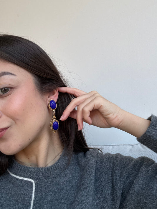 Boucles d’oreilles vintage - Cabochons bleus et monture dorée