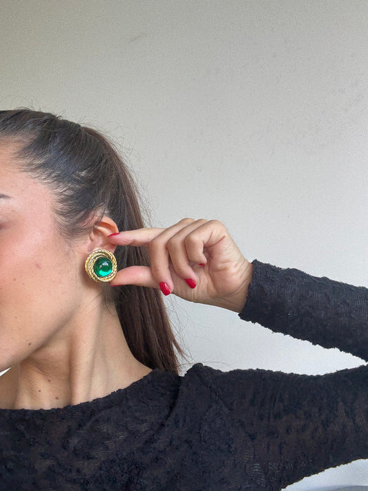 Boucles d’oreilles vintage - Cabochons verts et monture dorée