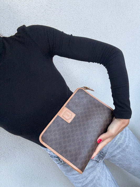 Pochette Céline vintage - Toile macadam et cuir naturel