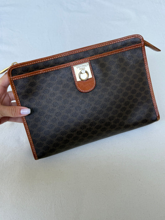 Pochette Céline vintage - Toile triomphe et cuir cognac