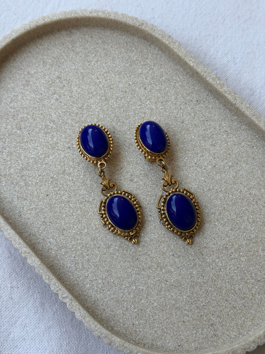Boucles d’oreilles vintage - Cabochons bleus et monture dorée