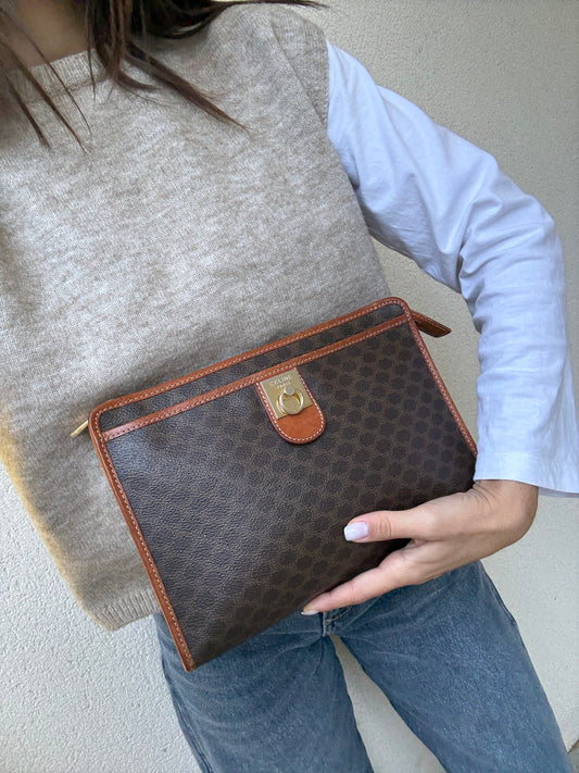 Pochette Céline vintage - Toile triomphe et cuir cognac