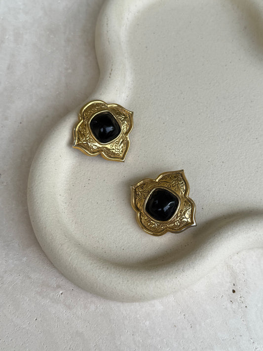 Boucles d’oreilles Georges Rech vintage - Dorées et cabochons noir