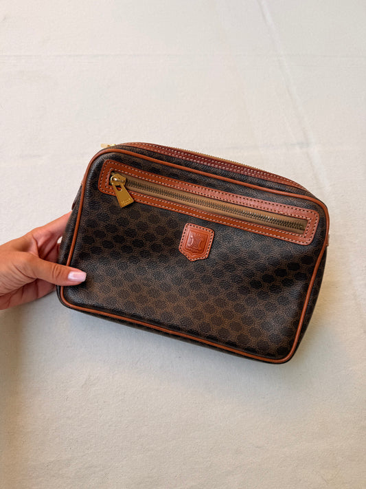 Pochette Céline vintage - Toile triomphe et cuir cognac avec sangle