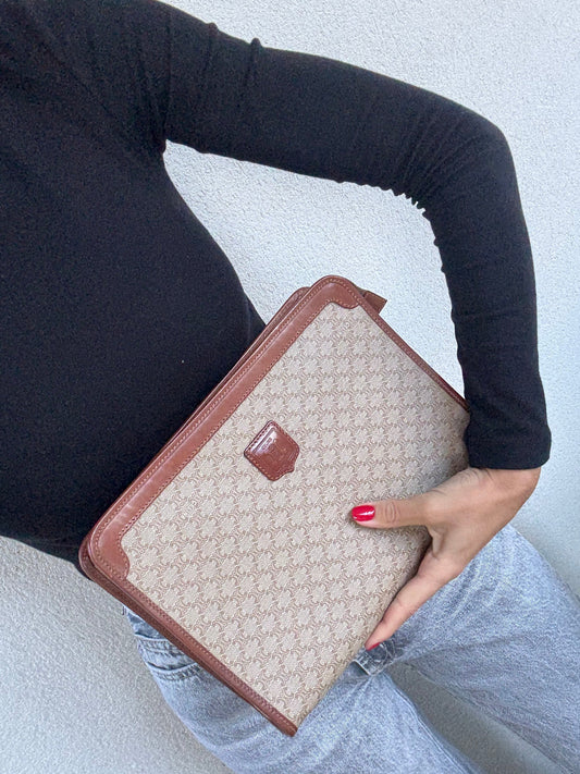 Pochette Céline vintage - Toile macadam et cuir naturel