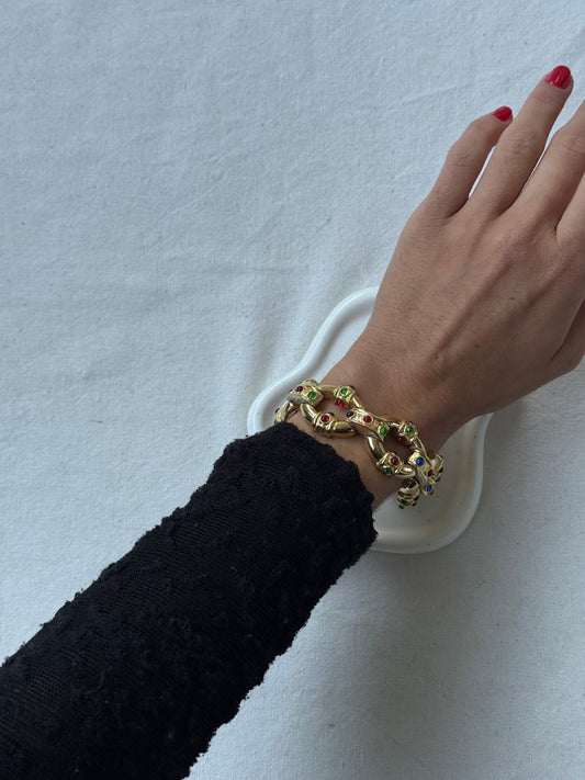 Bracelet vintage - Doré et cabochons colorés