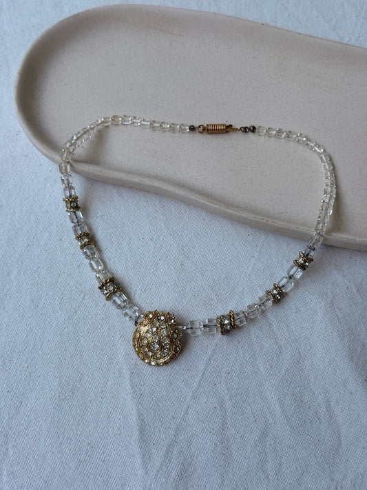 Collier Orena vintage - Perles cristal facettées et pendentif pavé