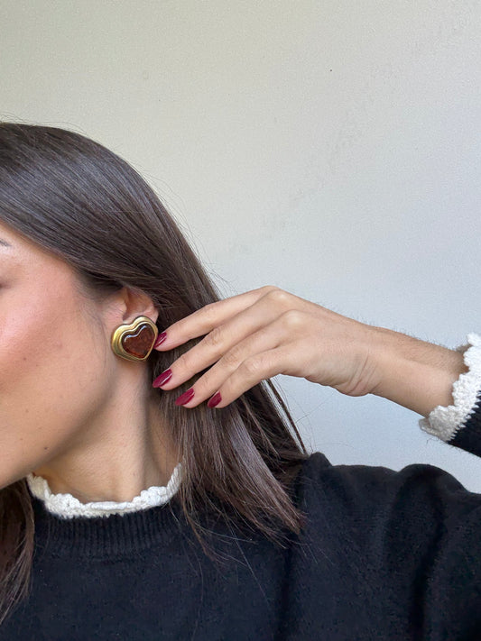 Boucles d’oreilles vintage - Coeurs cabochons résine ambrée