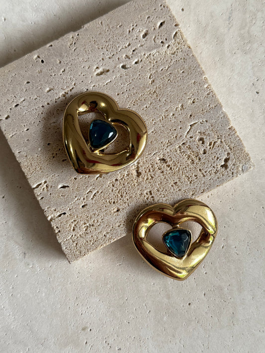 Boucles d’oreilles YSL vintage - Coeurs dorés et cabochons bleus