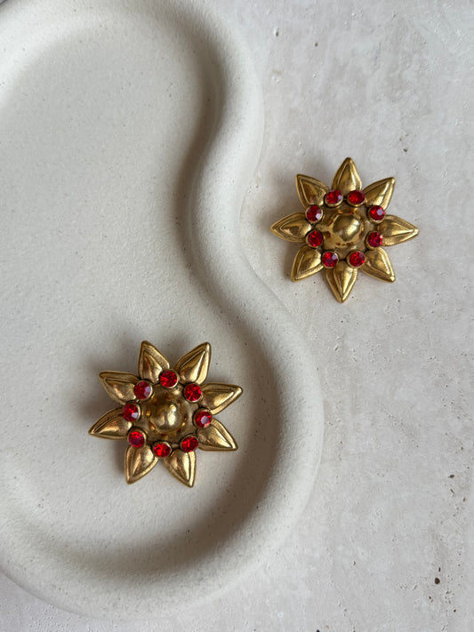 Boucles d’oreilles vintage fleurs strass rouges