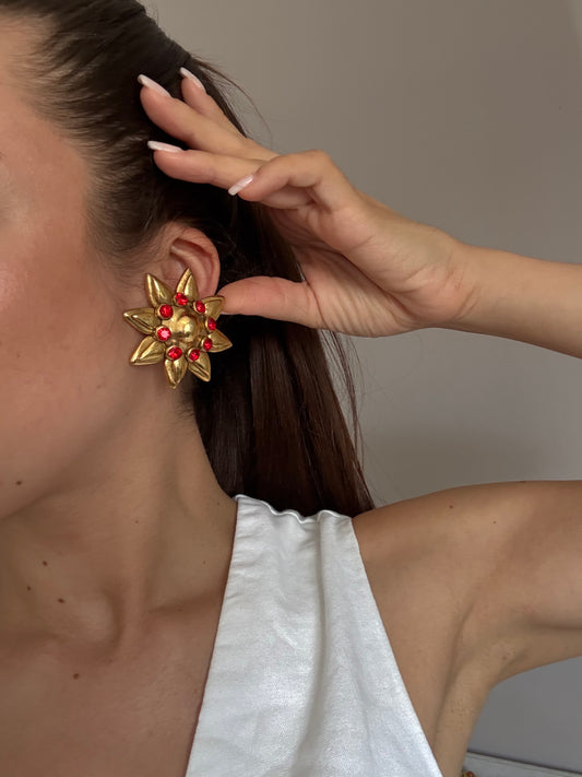 Boucles d’oreilles vintage fleurs strass rouges