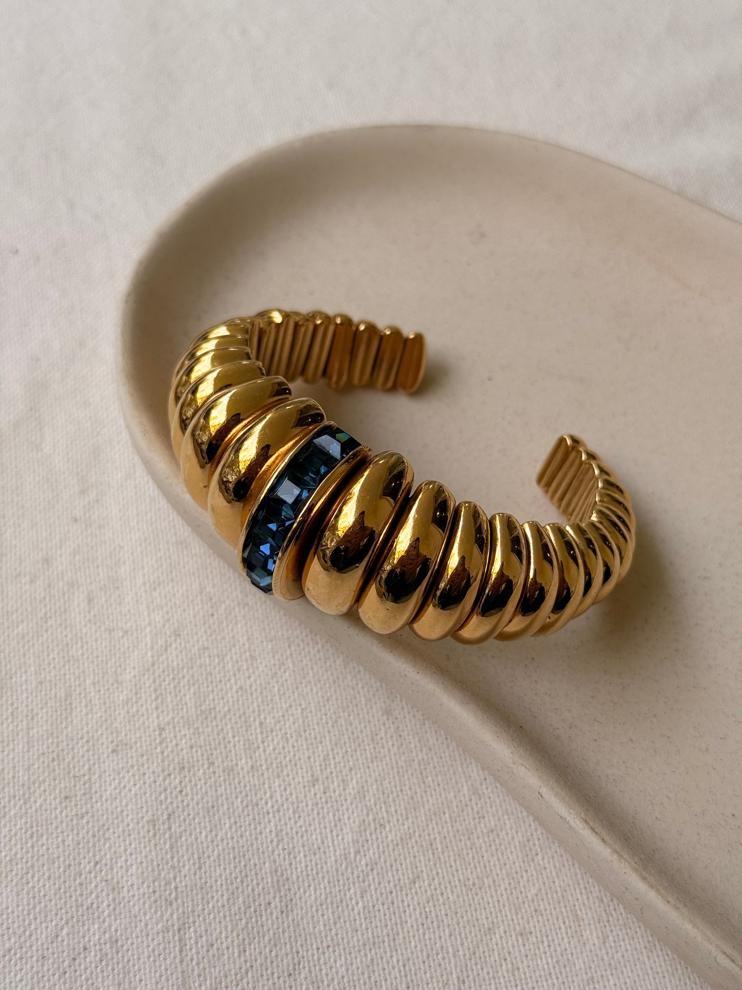 Bracelet YSL vintage - Manchette dorée et strass bleus