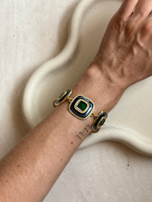Bracelet vintage émaillé bleu nuit et vert émeraude