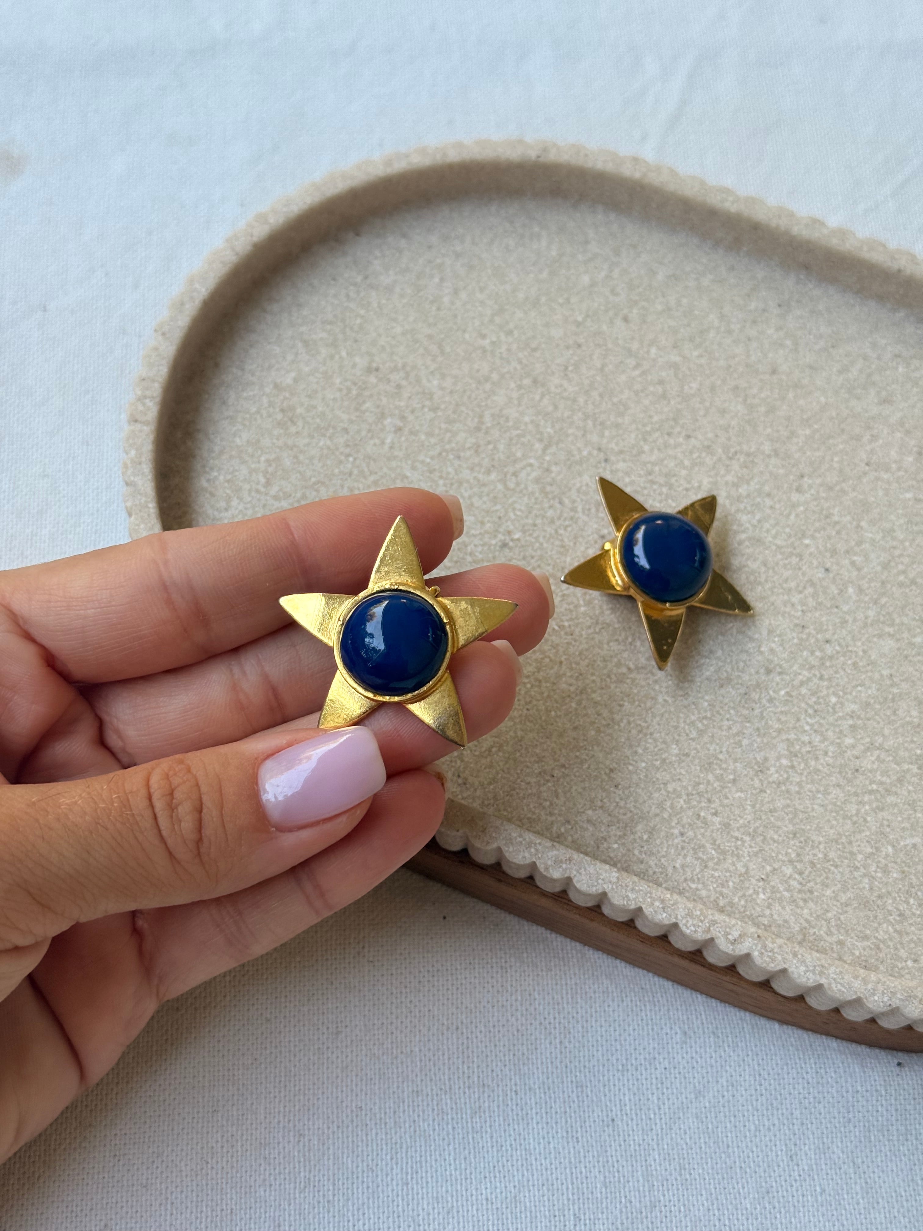 Boucles d’oreilles vintage - Étoiles dorées et cabochons bleus