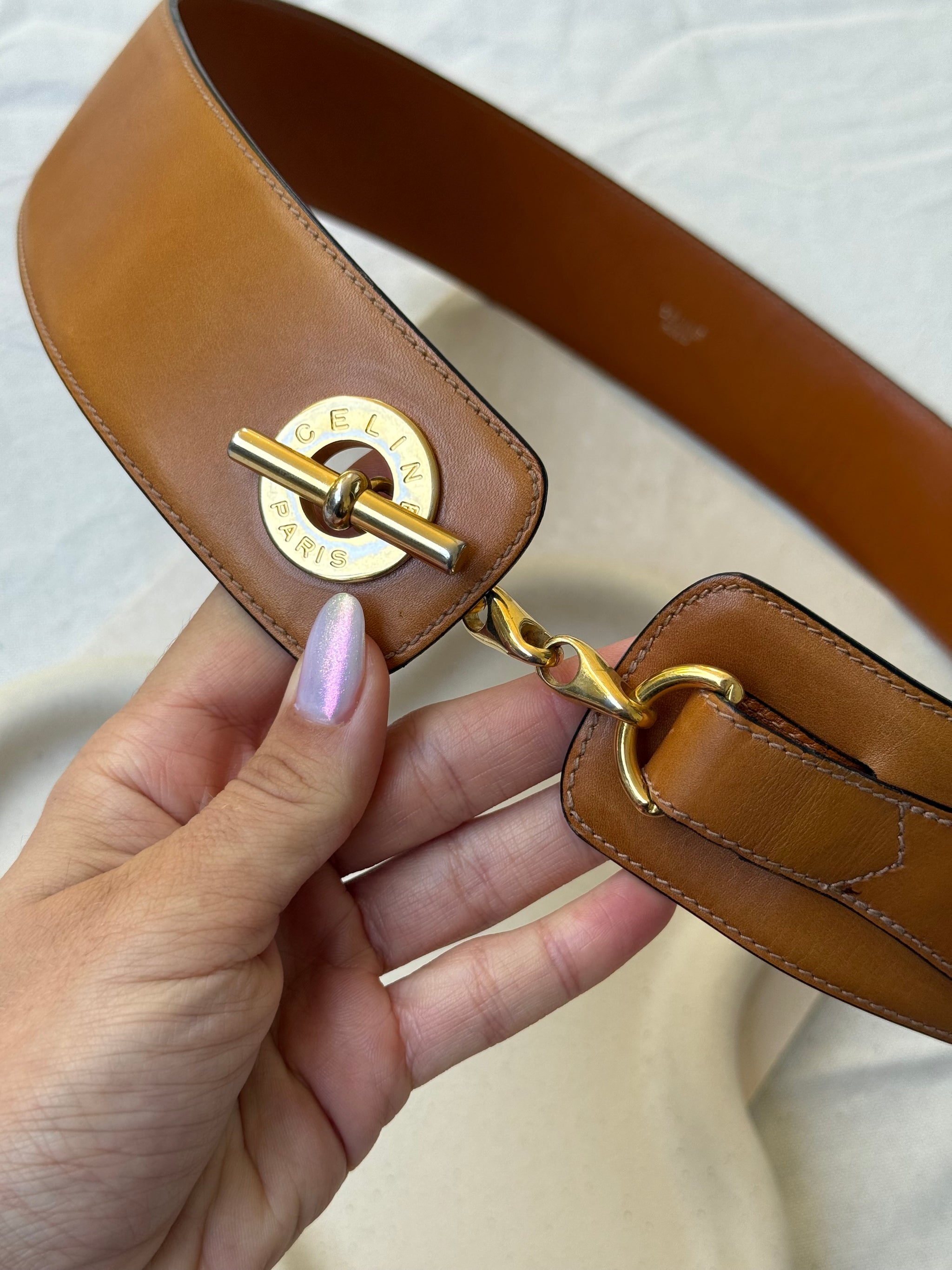 Ceinture Céline vintage - Cuir camel et chaîne dorée