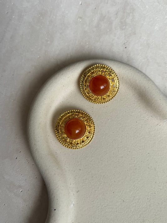 Boucles d’oreilles vintage - Rondes dorées et cabochons orangés