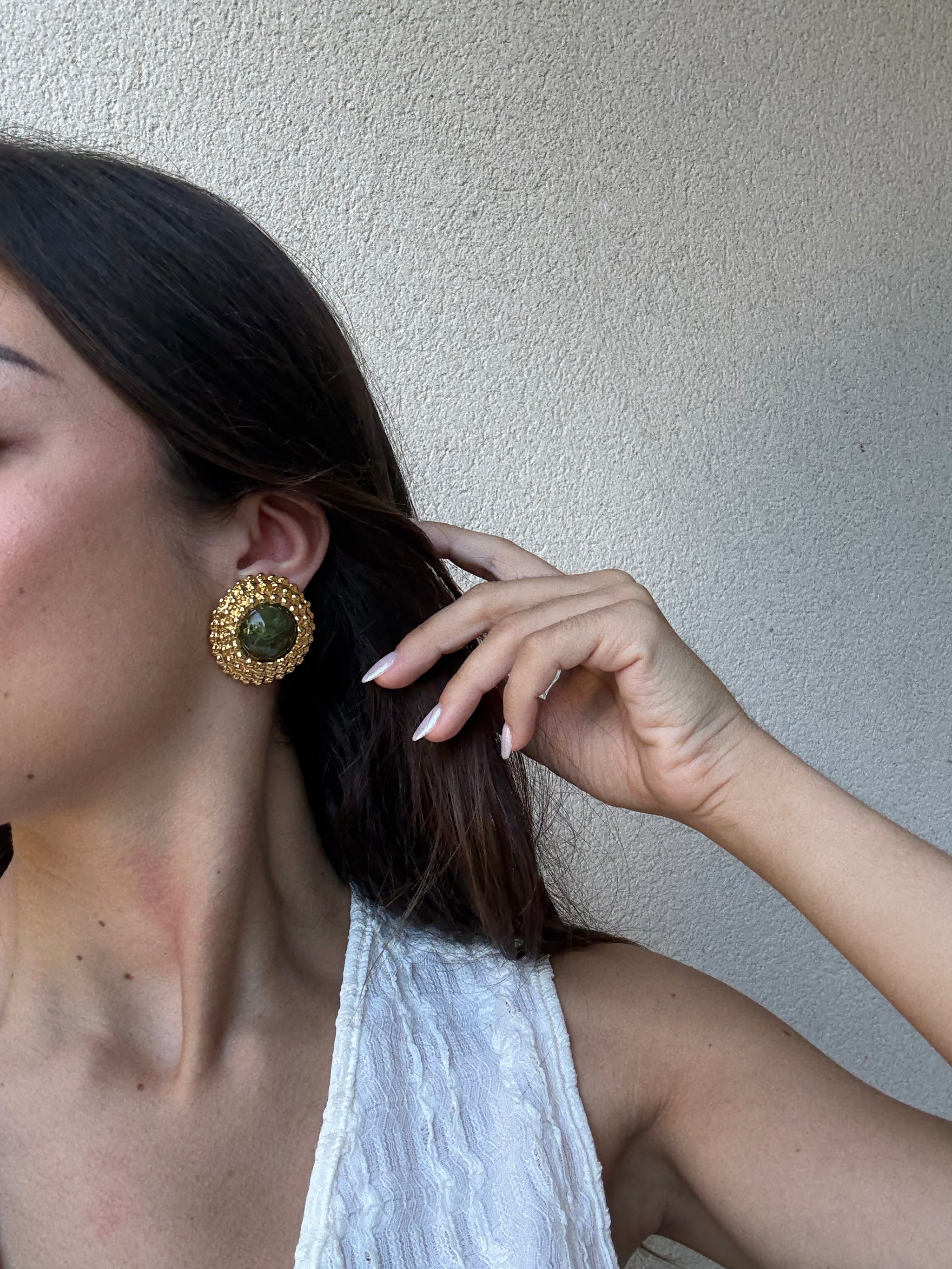 Boucles d’oreilles vintage - Rondes dorées et cabochons kaki