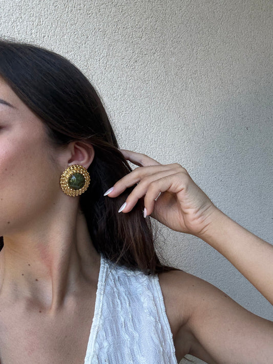Boucles d’oreilles vintage - Rondes dorées et cabochons kaki