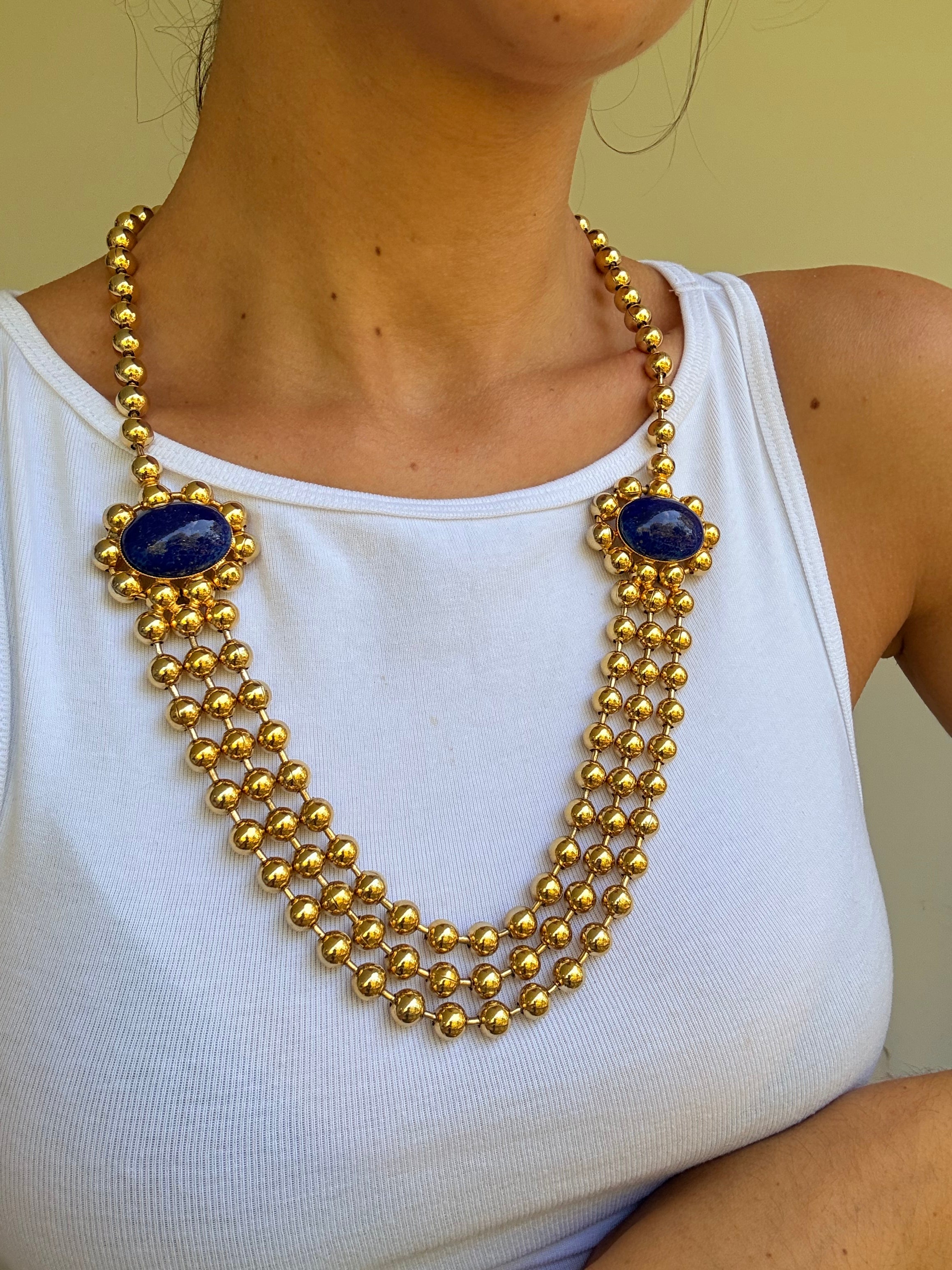 Collier Remydis vintage - Perles dorées et cabochons bleu profond