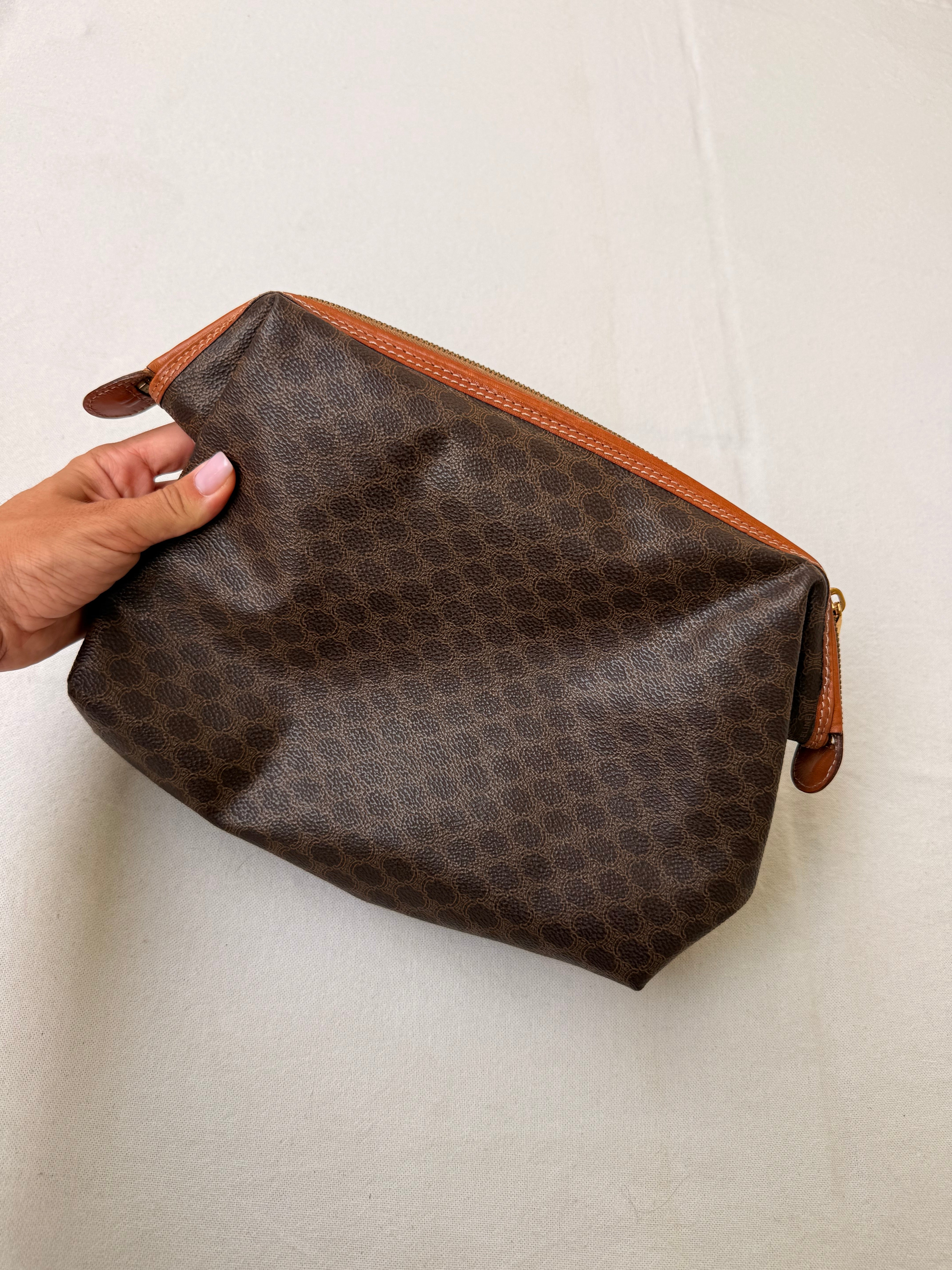 Trousse Céline vintage - Toile triomphe et cuir cognac