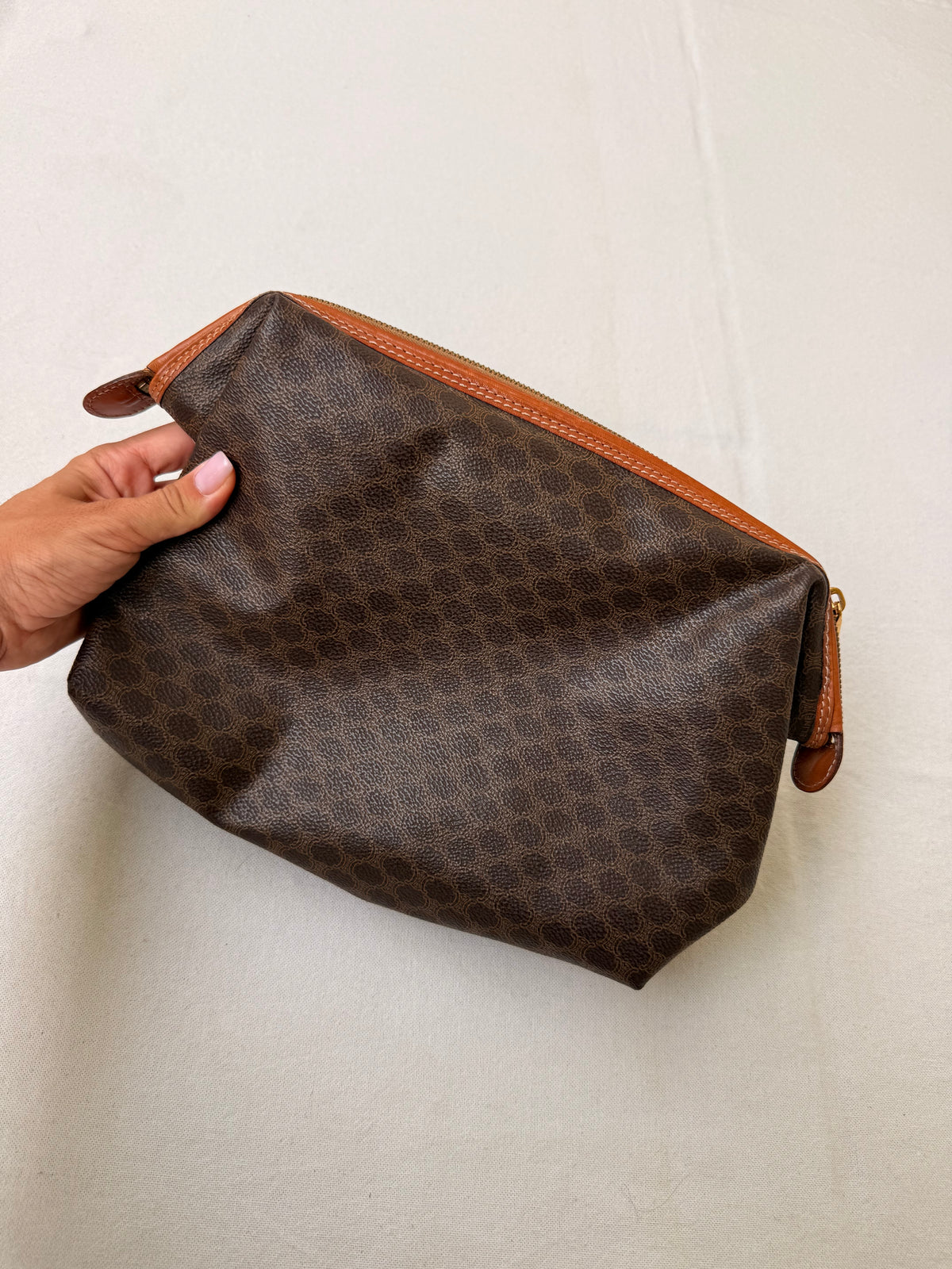 Trousse Céline vintage - Toile triomphe et cuir cognac