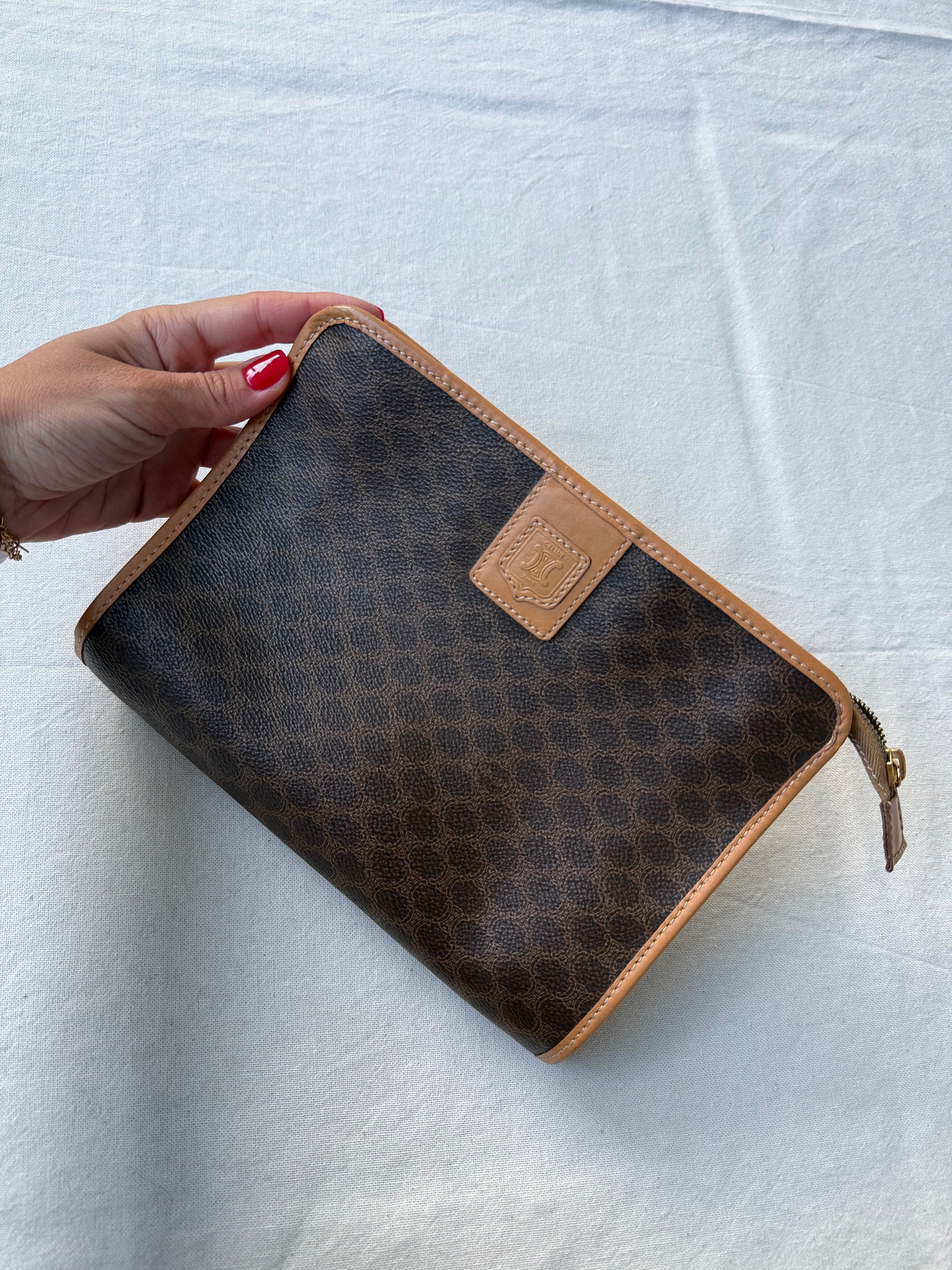 Pochette Céline vintage - Toile macadam et cuir naturel