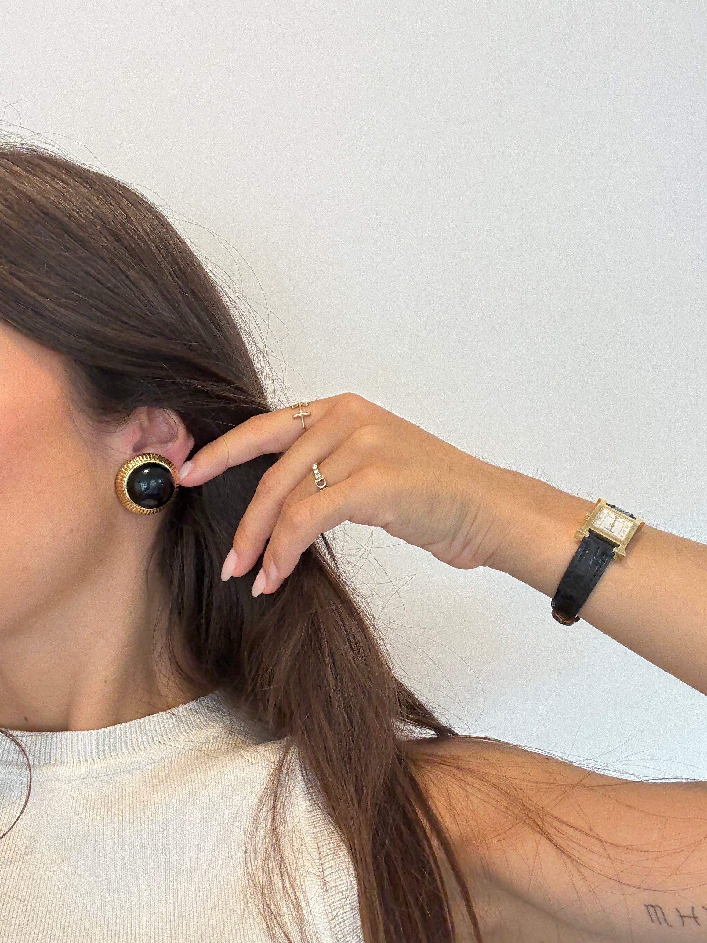 Vintage Nina Ricci Earrings - Round with Black Cabochons