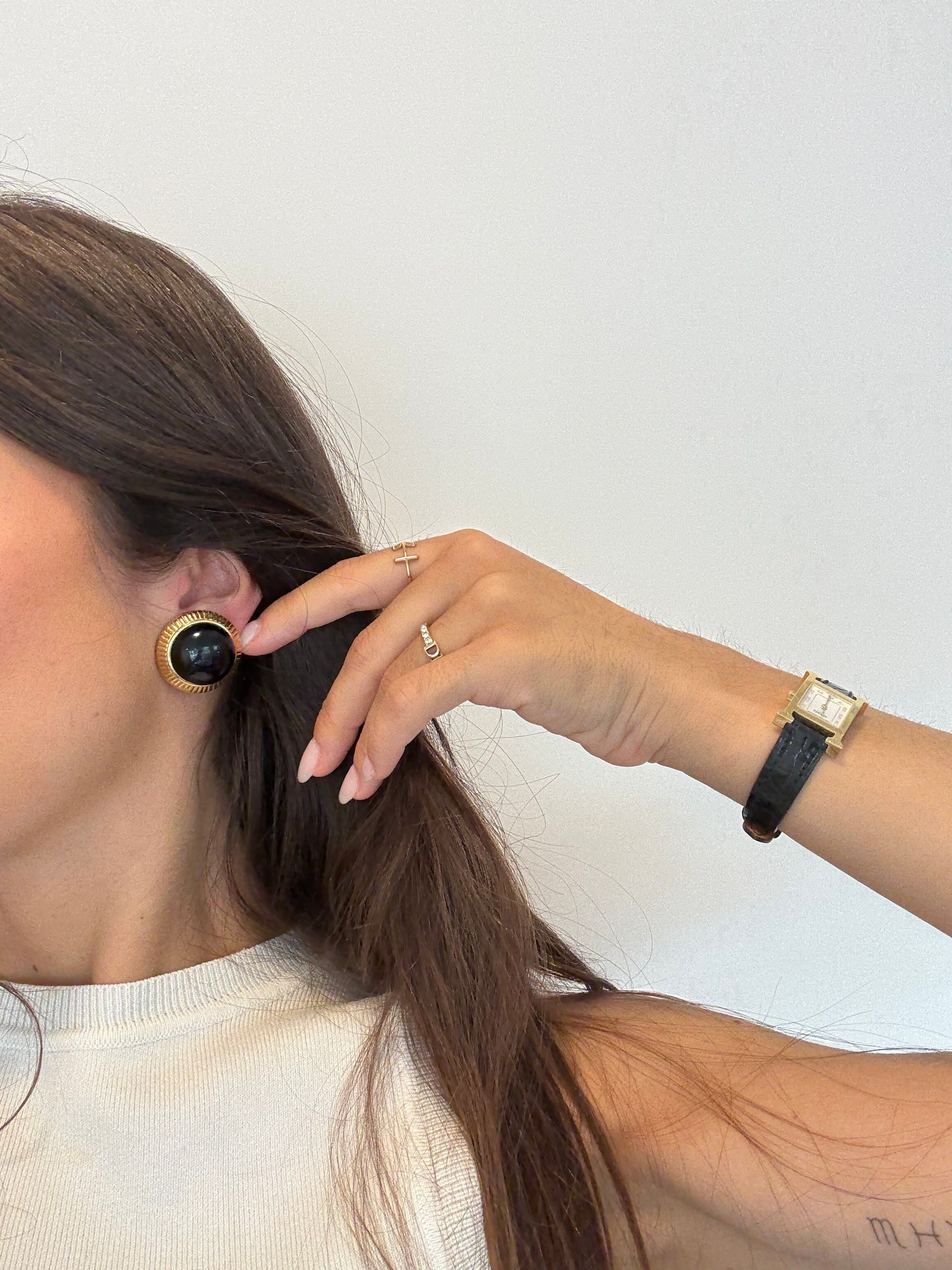 Vintage Nina Ricci Earrings - Round with Black Cabochons