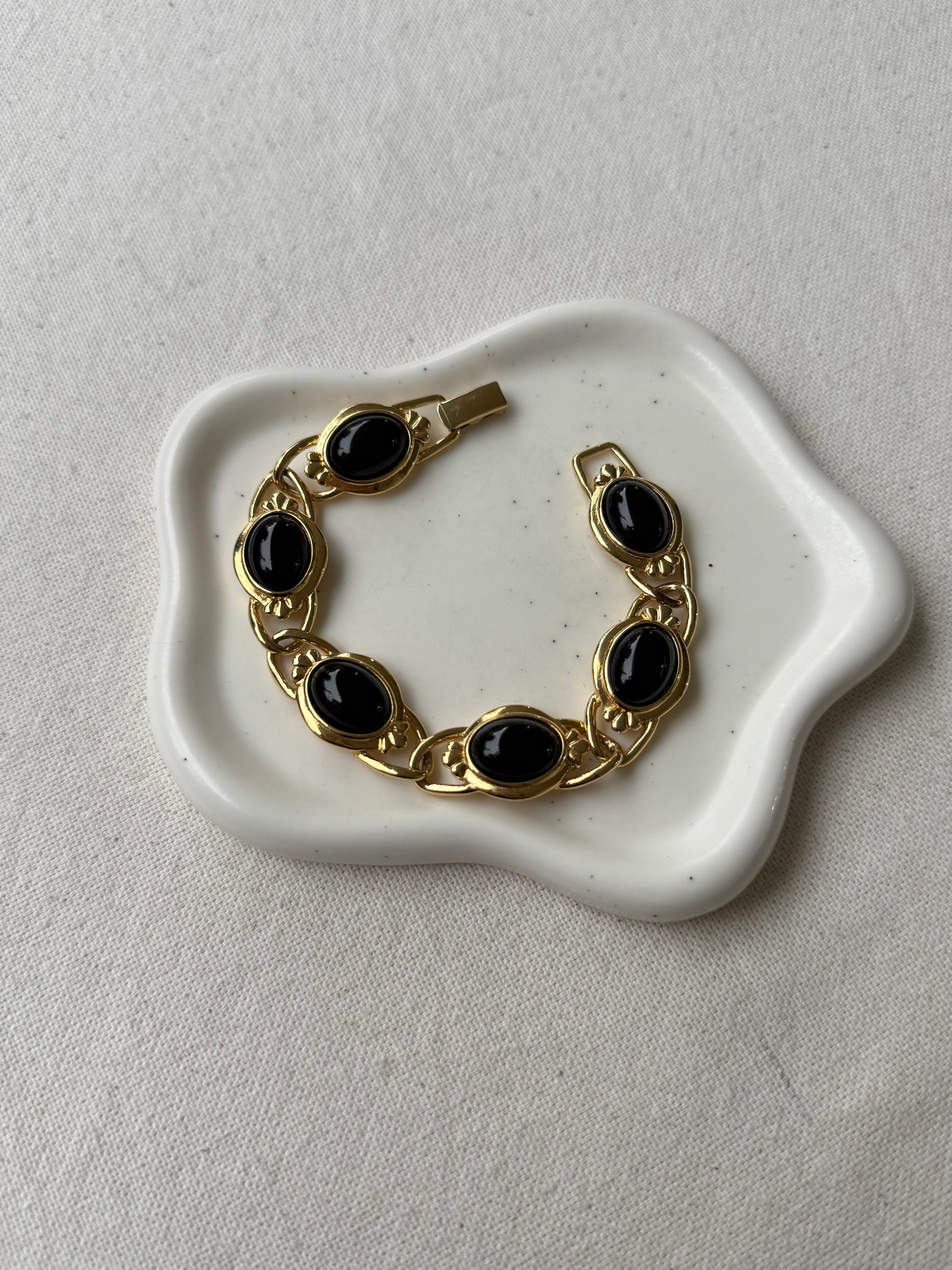 Vintage Trifari Bracelet - Black Cabochons and Gold