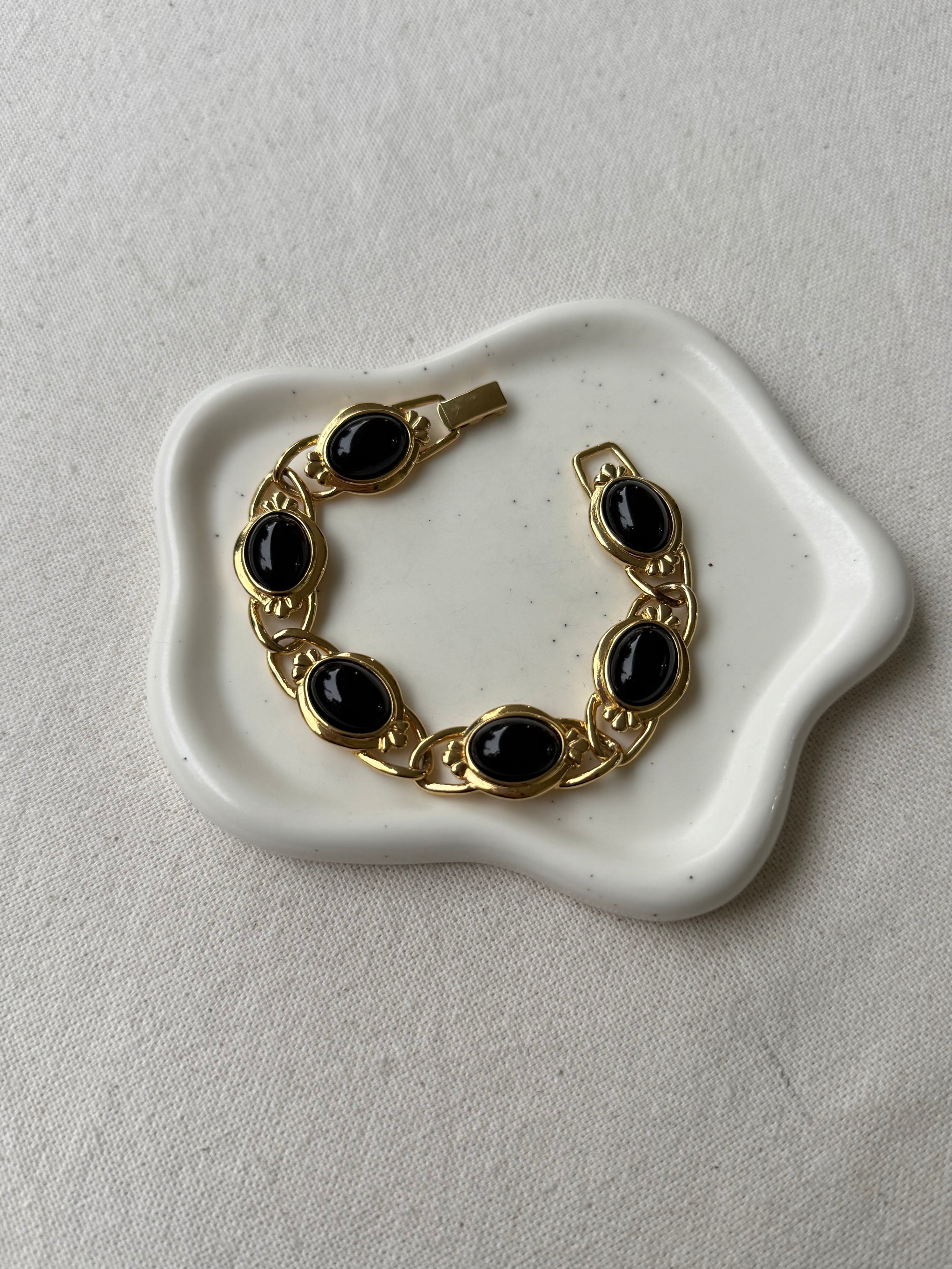 Vintage Trifari Bracelet - Black Cabochons and Gold