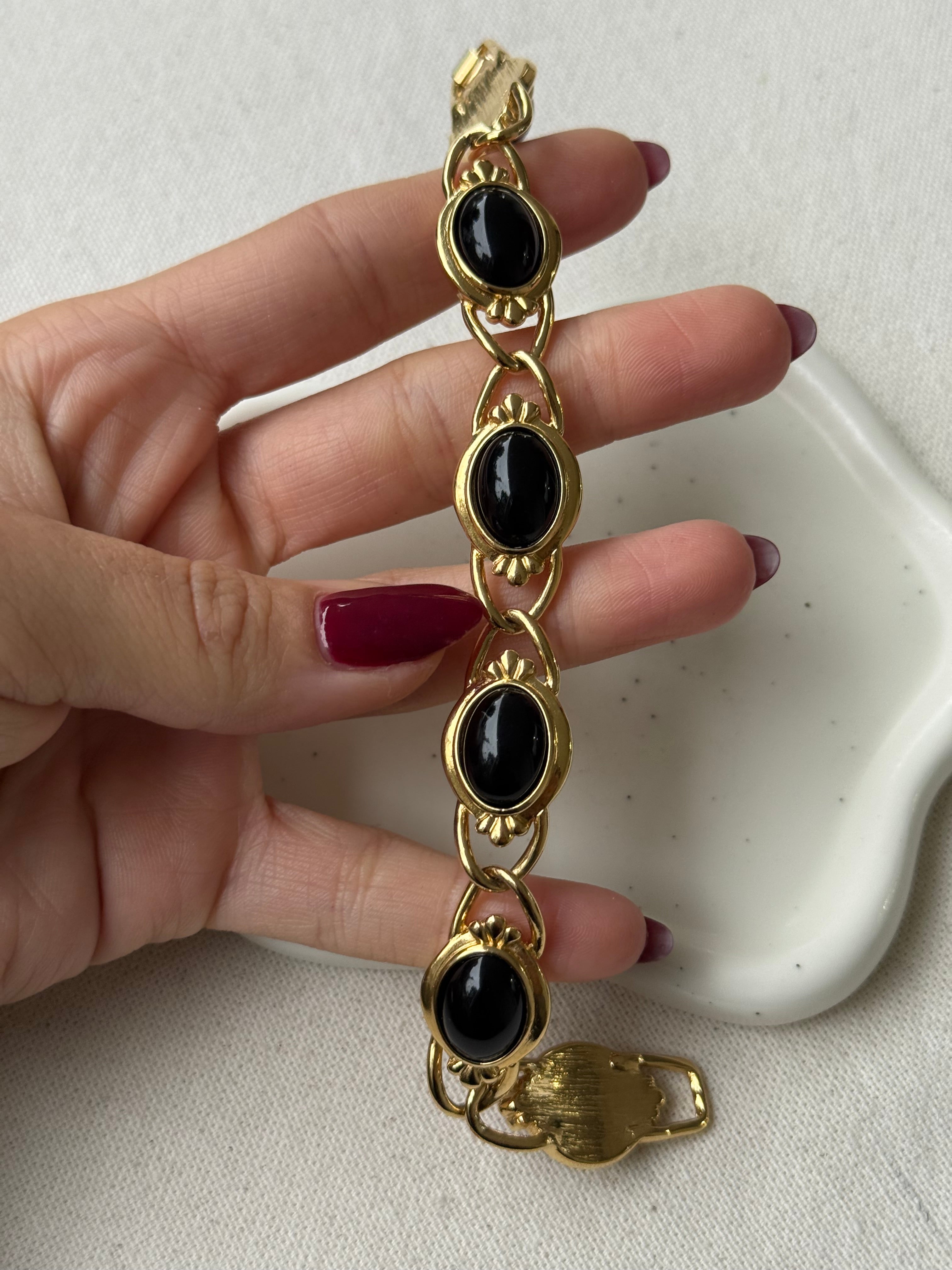 Vintage Trifari Bracelet - Black Cabochons and Gold