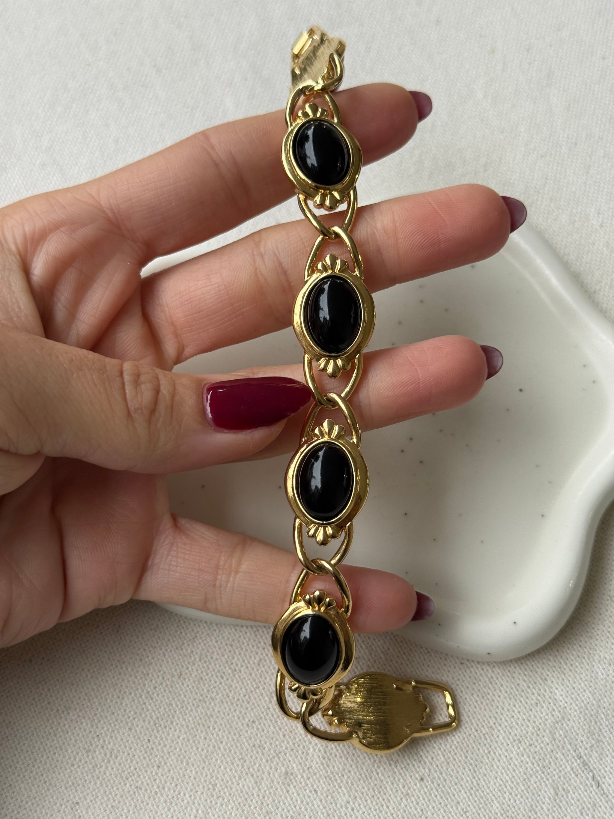 Vintage Trifari Bracelet - Black Cabochons and Gold