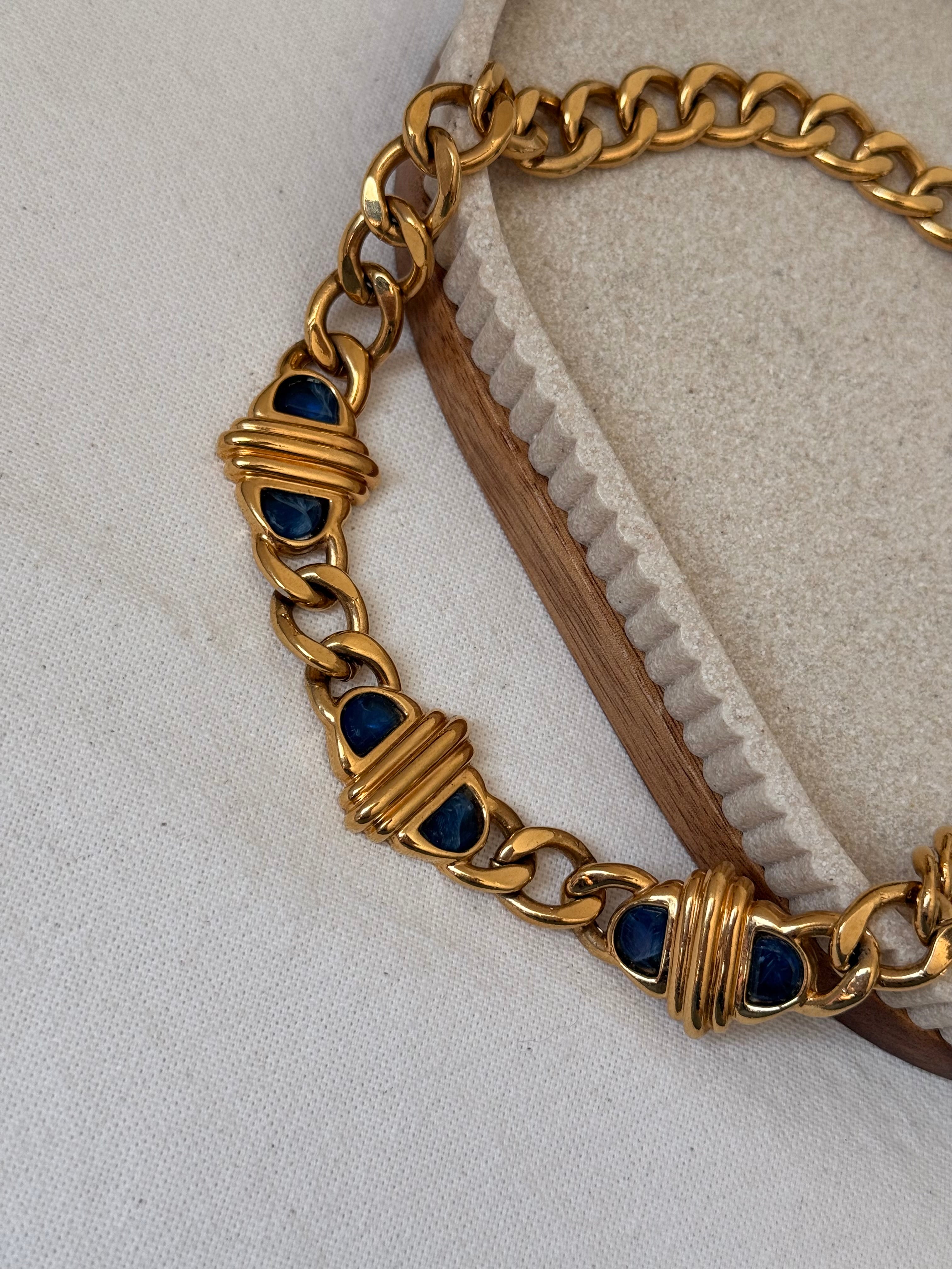 Collier Guy Laroche vintage - Maillons dorés et cabochons bleus