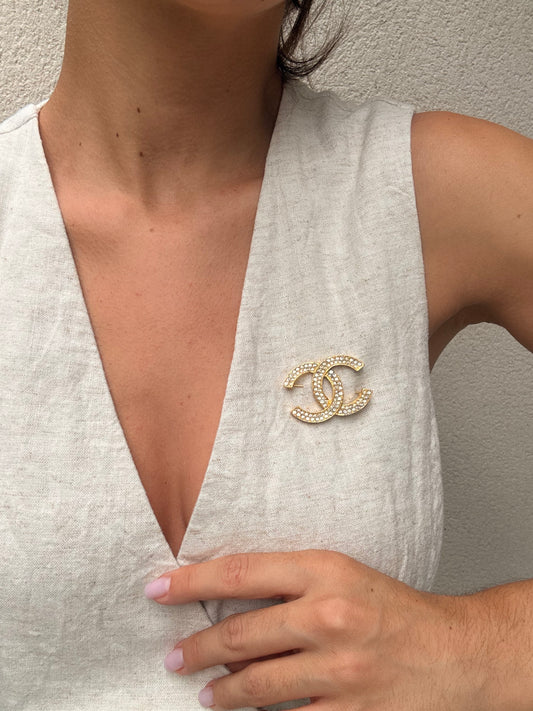 Broche Chanel vintage - CC ornée de strass