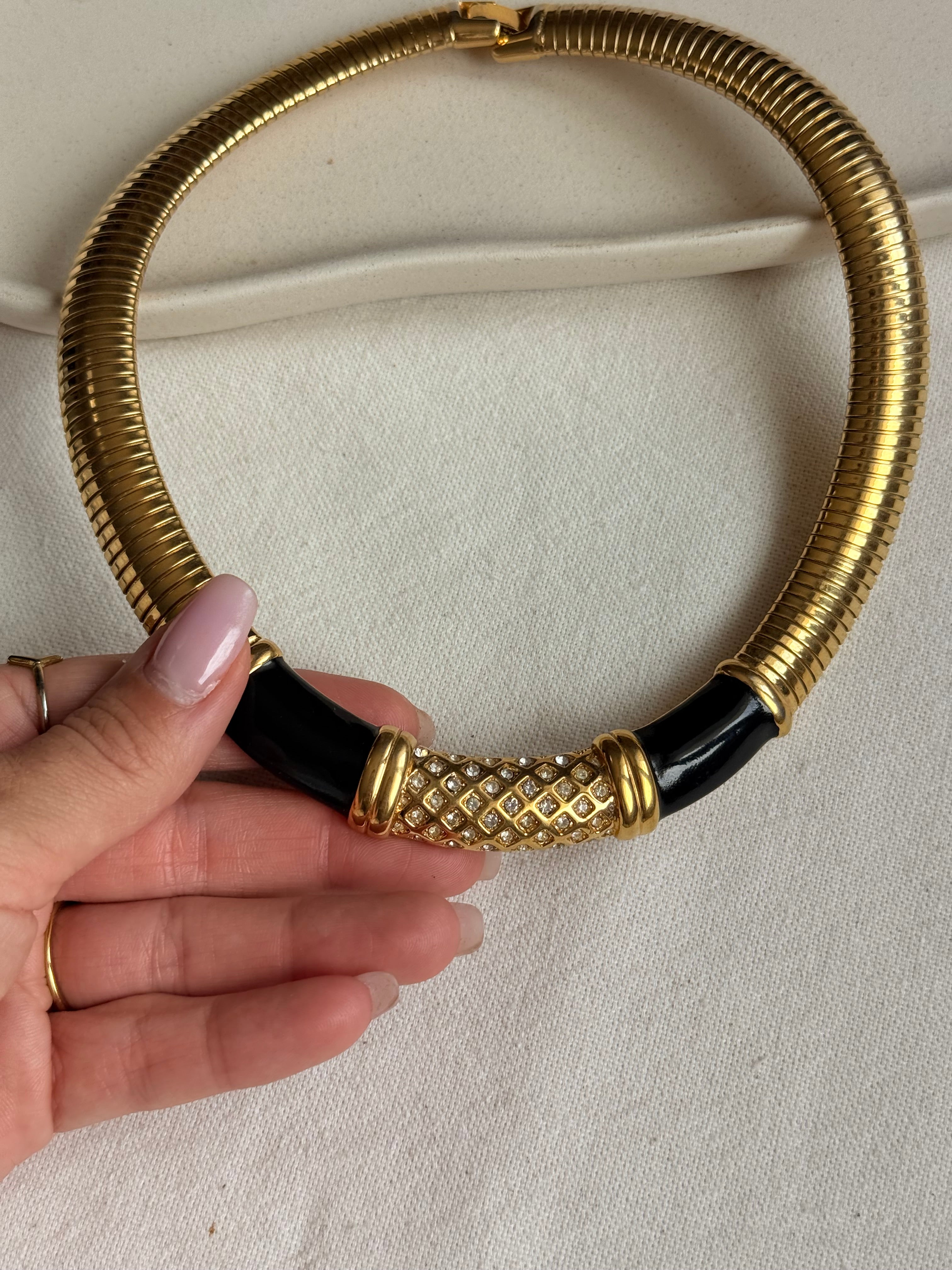 Collier Monet vintage - Plastron émail noir et strass