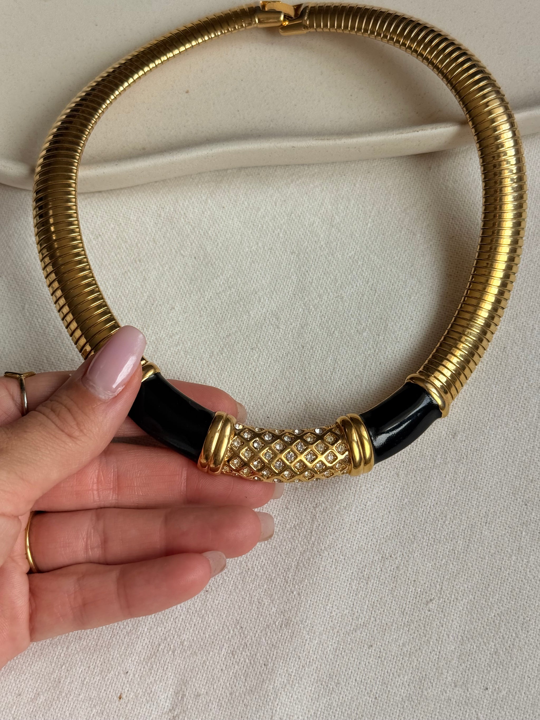 Collier Monet vintage - Plastron émail noir et strass