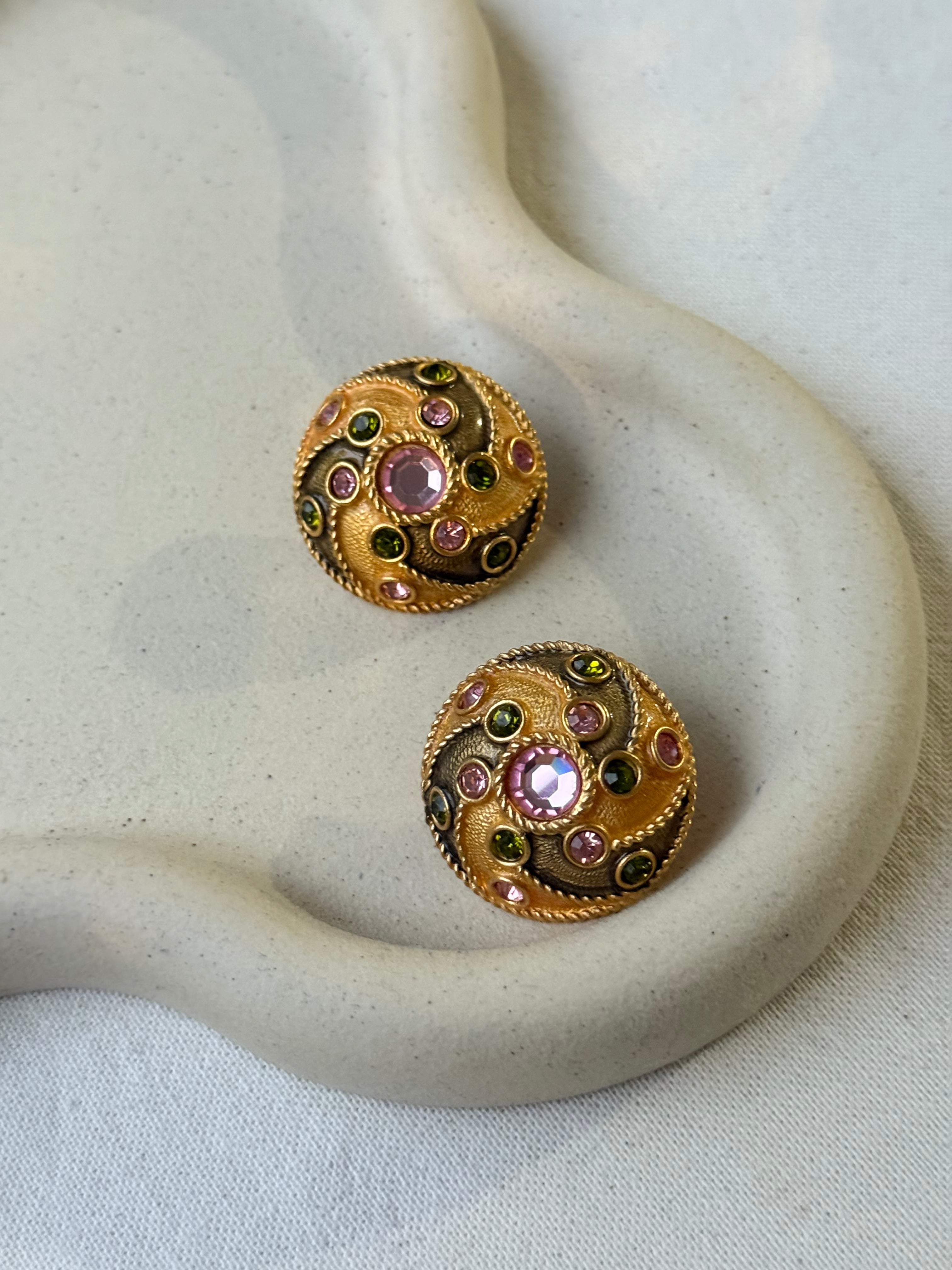 Boucles d’oreilles Yosca vintage - Doré, rose et vert