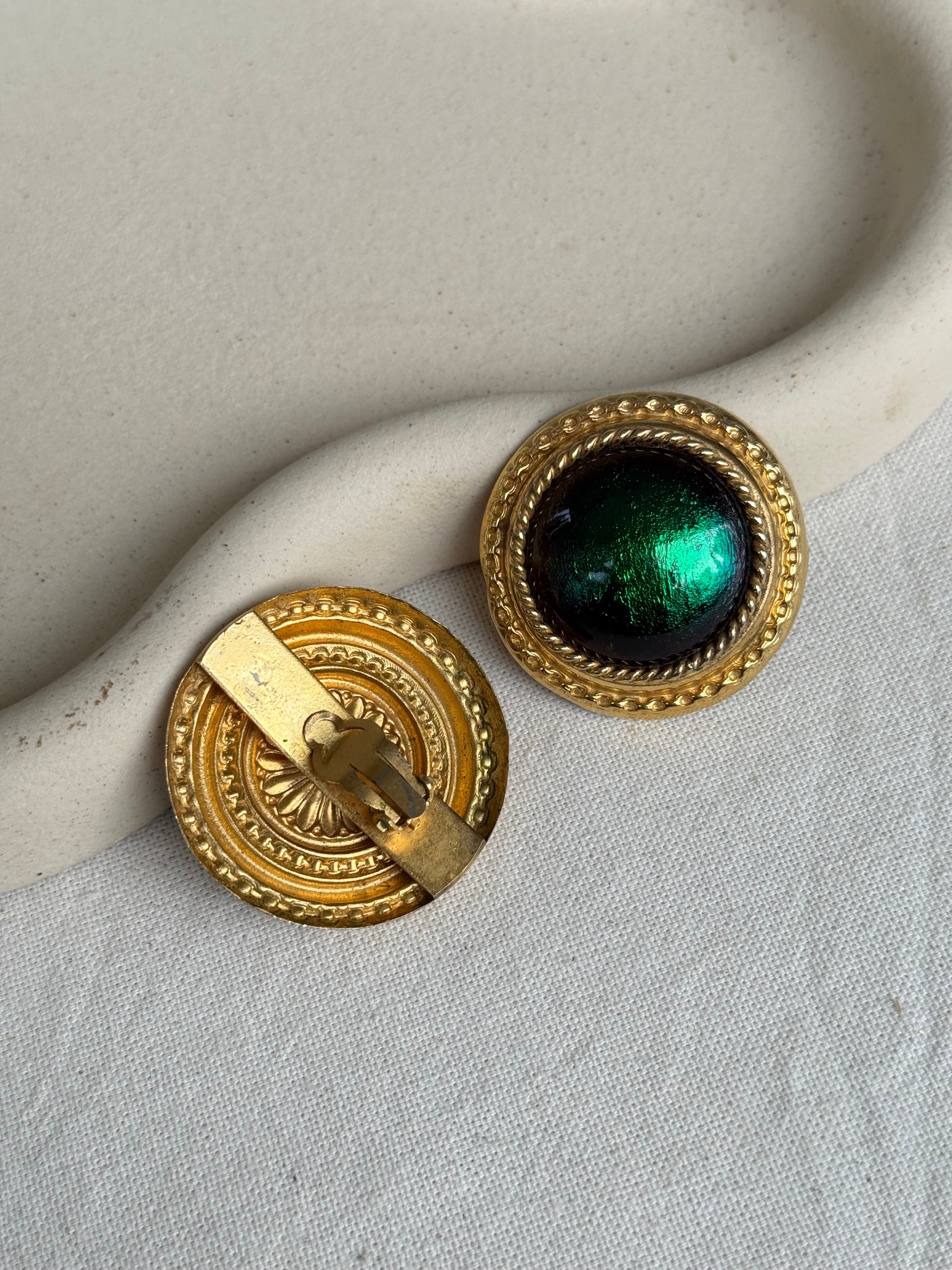 Boucles d’oreilles vintage - Email vert et monture dorée XXL