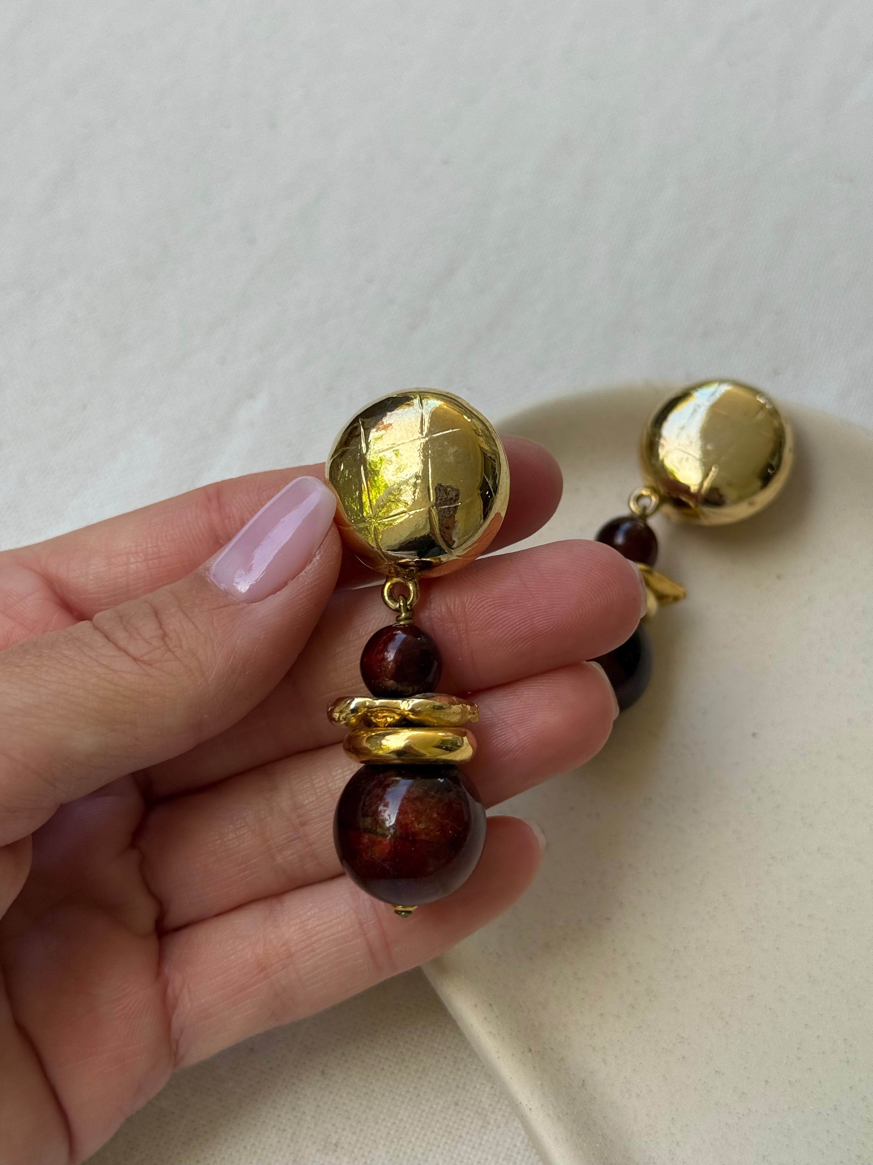 Boucles d’oreilles vintage - Perles bois pendantes