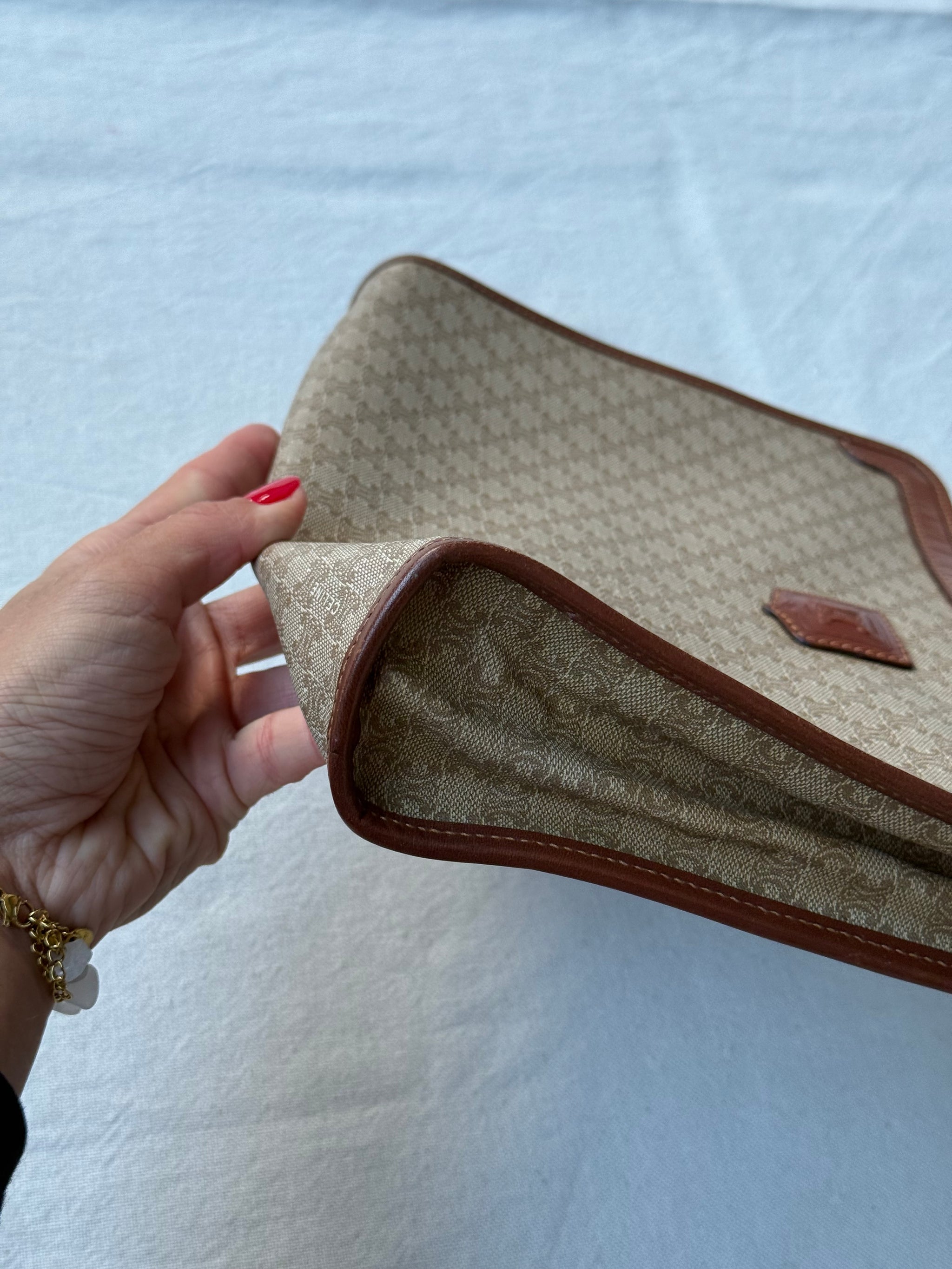 Pochette Céline vintage - Toile macadam et cuir naturel