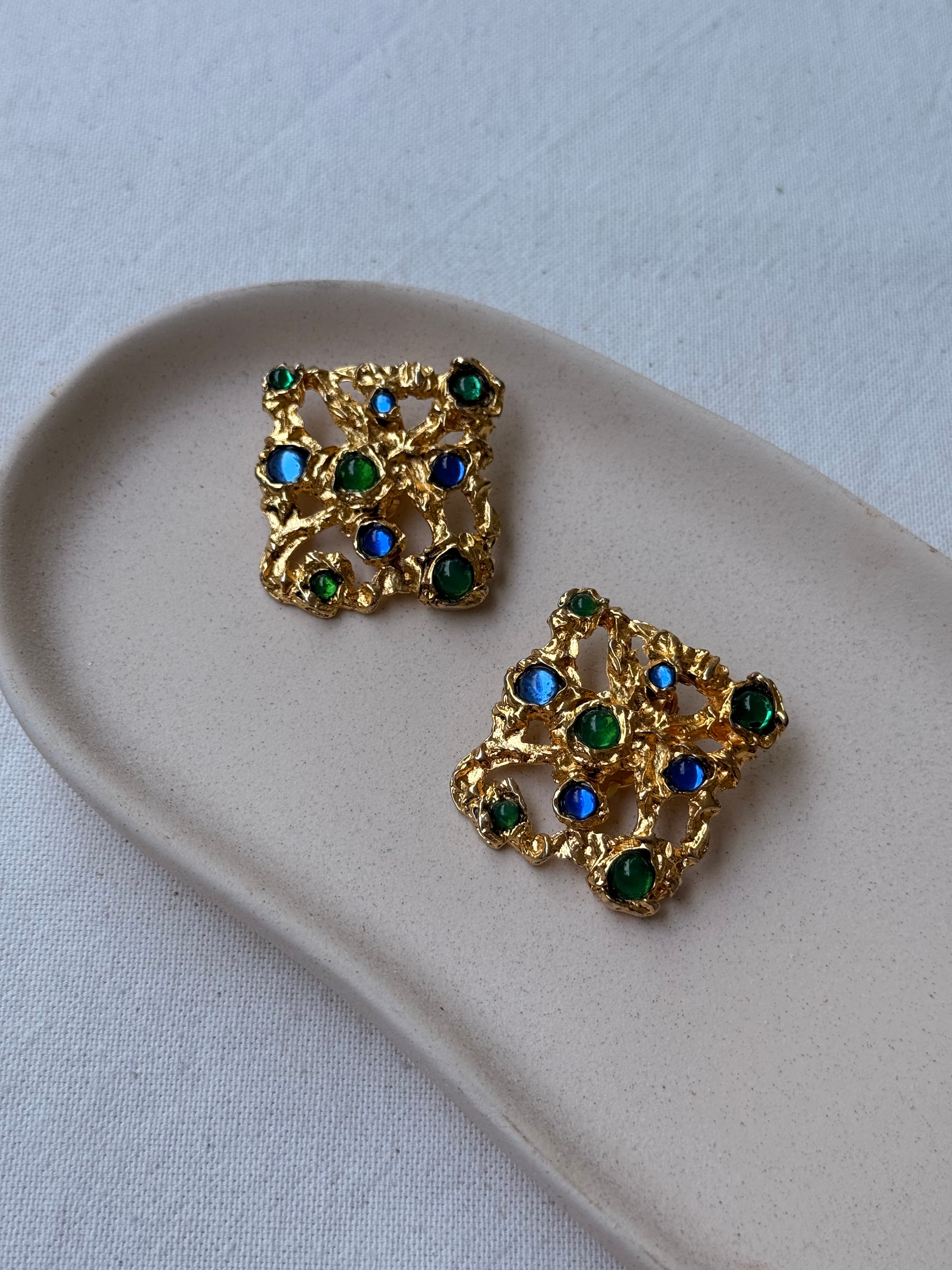 Boucles d’oreilles Abbey Road vintage - Cabochons bleu et vert
