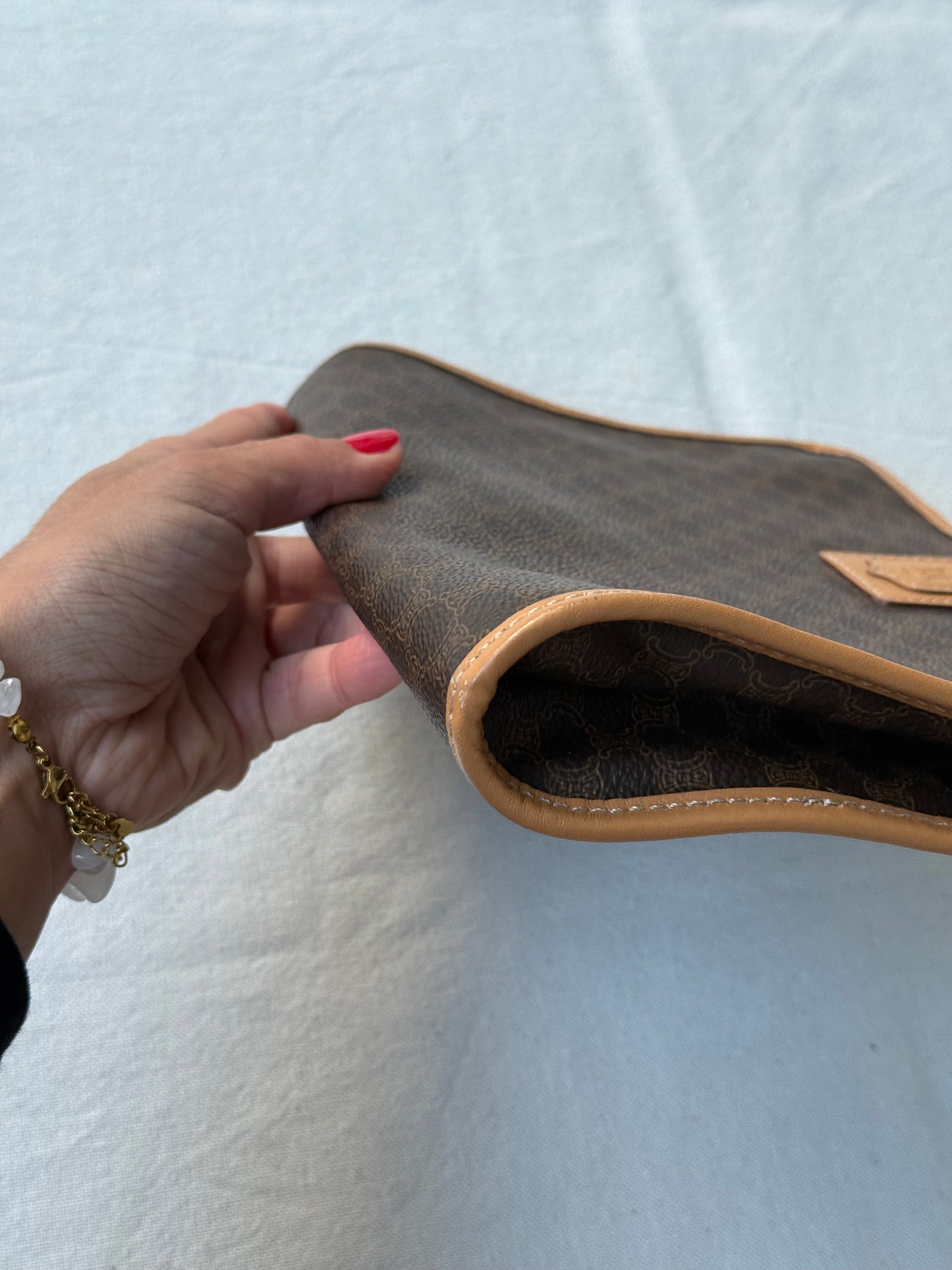 Pochette Céline vintage - Toile macadam et cuir naturel