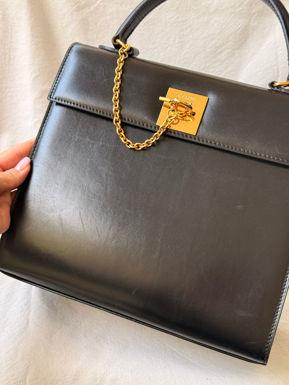 Sac Céline vintage - Top Handle cuir noir et fermoir doré