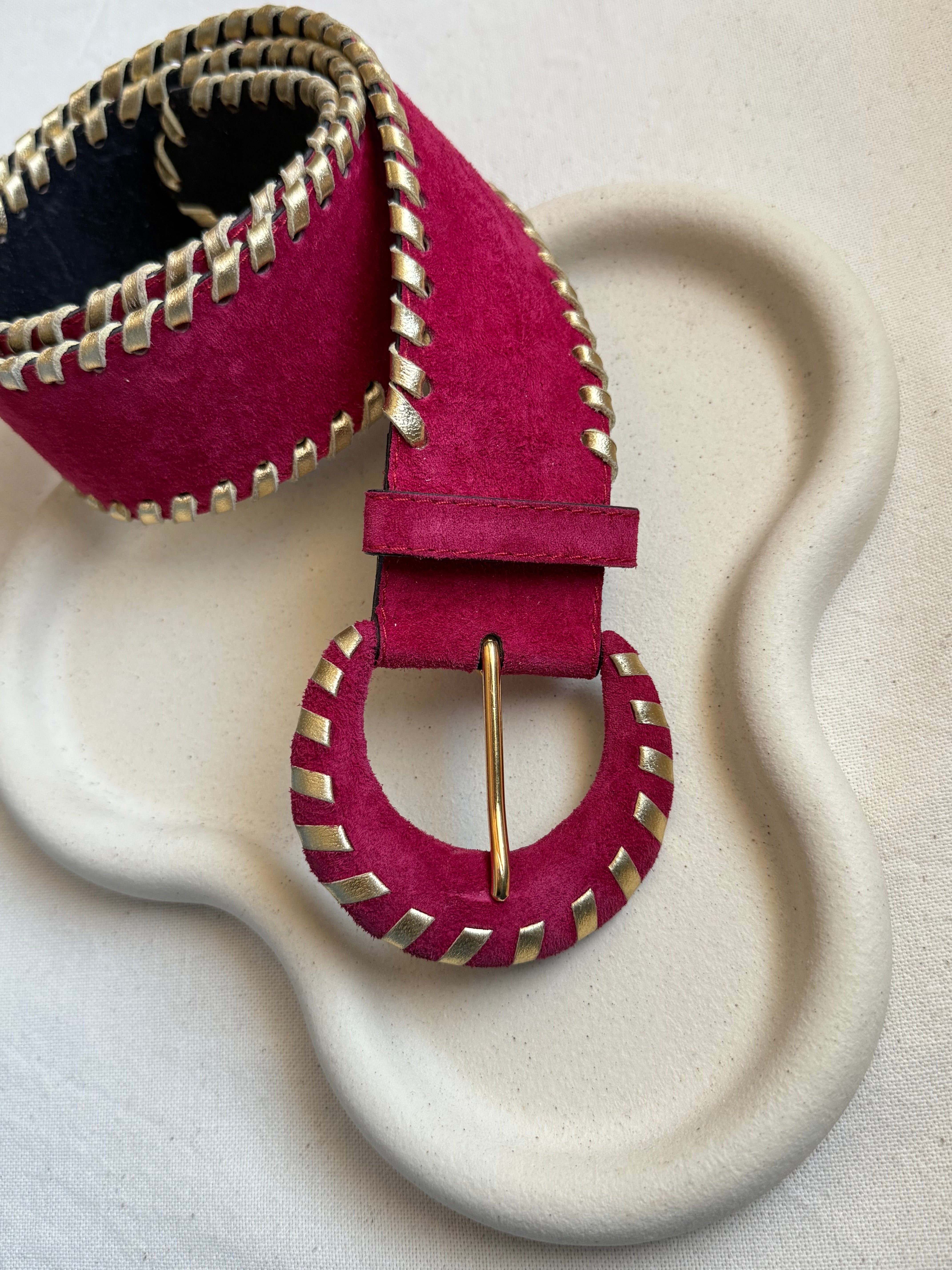 Ceinture Yves Saint Laurent vintage - Daim framboise et cuir doré
