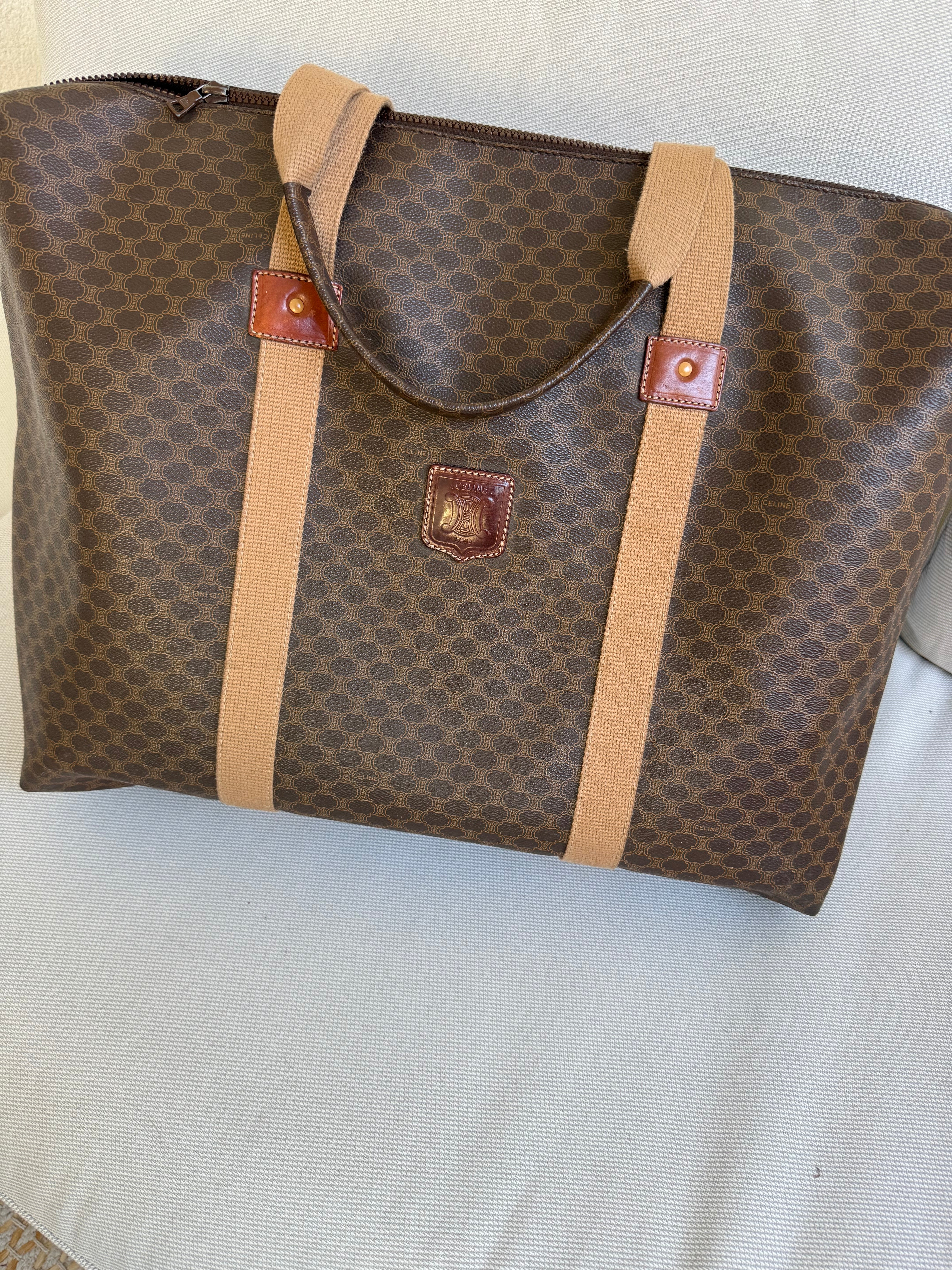 Sac de voyage Céline vintage - Toile triomphe et cuir naturel